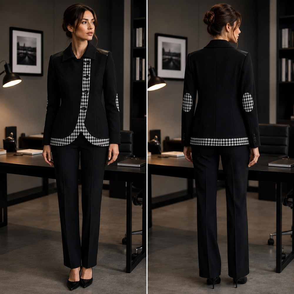 Twenty Womens Black Plaid Trim Blazer Jacket S Leather Accent Career Chic Mod